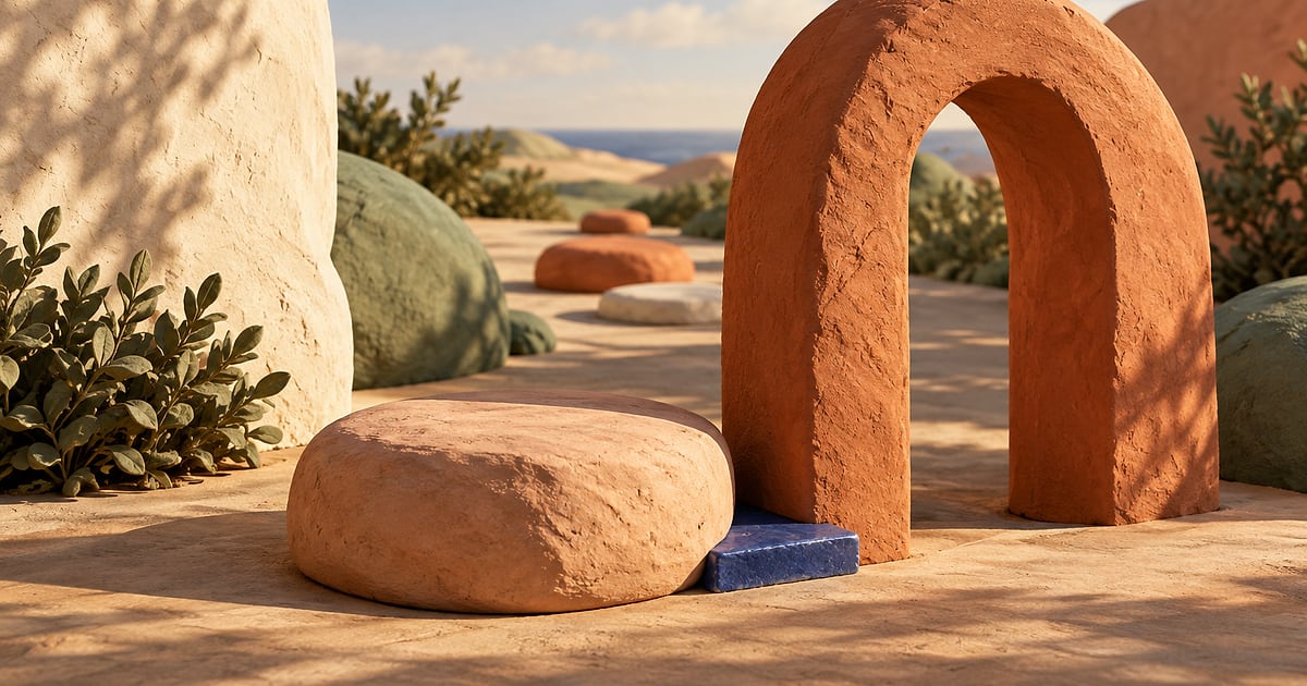Low three-quarter view of a matte terracotta arch beside a rounded peach clay stepping stone with a small cobalt tile between, cream and sage forms receding under warm sunlight.