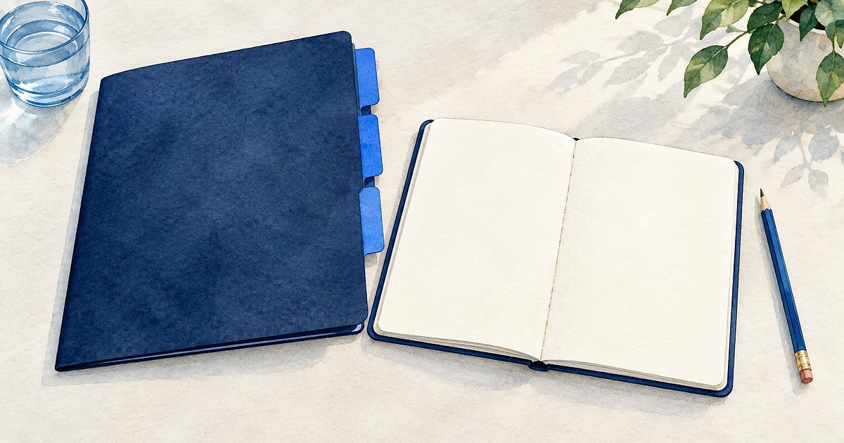 Navy folder with cobalt tabs at left, an open blank cream notebook in center-right and a blue pencil to the right on a pale tabletop.