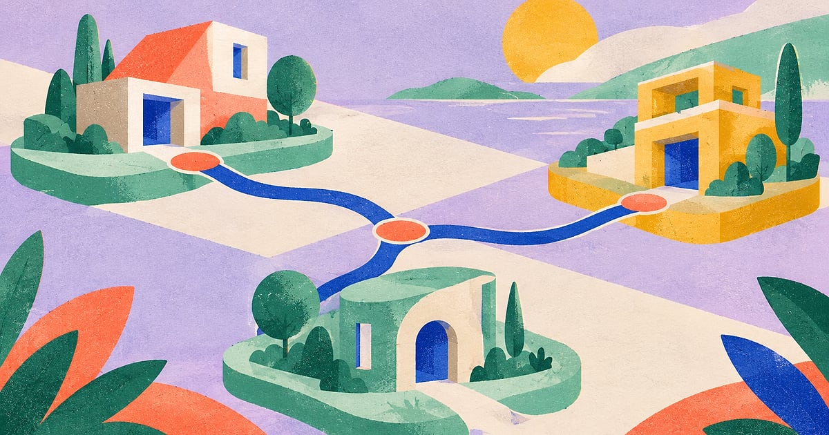 Three geometric architectural islands in cream, coral and saffron sit on a full-bleed lavender field, linked by cobalt blue routes and coral round junctions with mint greenery.