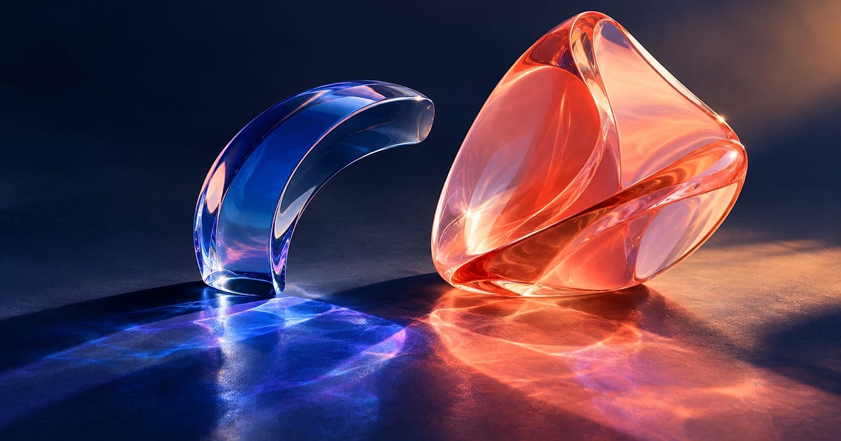 Two large translucent glass curves — a cobalt blue lens-like arc on the left and a warm coral folded form on the right — casting touching coloured caustics on a deep navy surface.