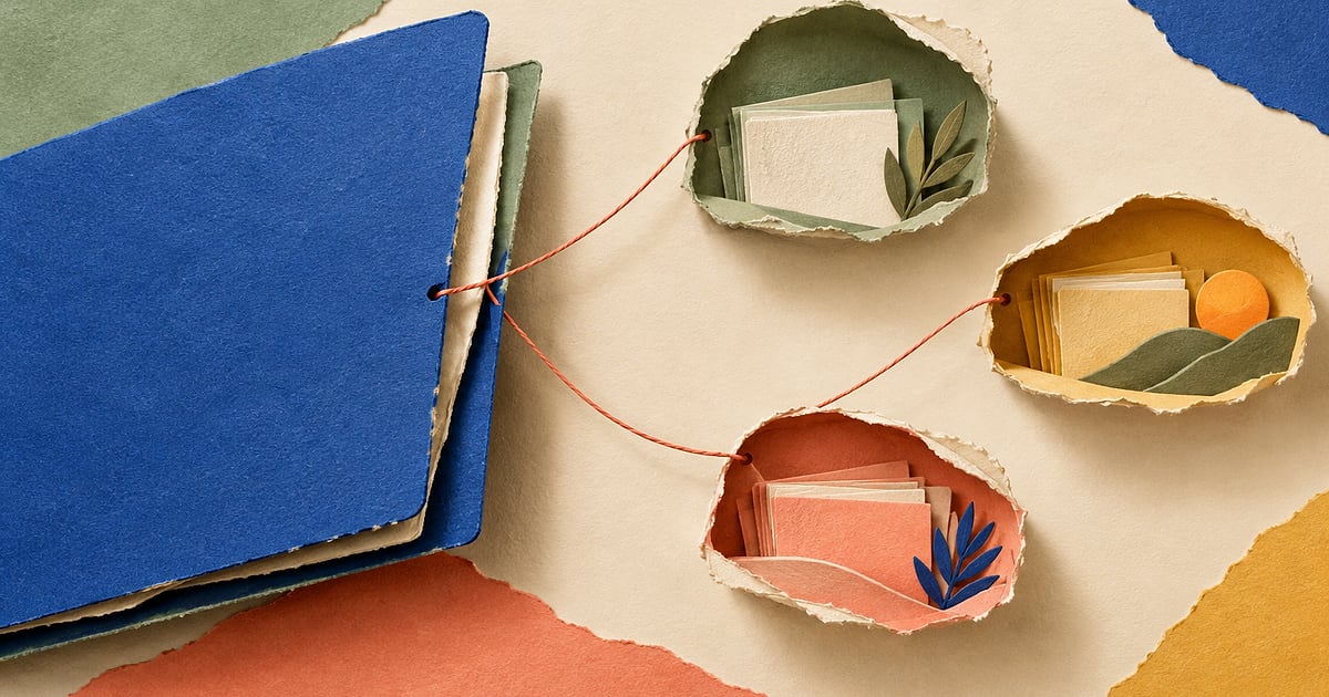 Thick cobalt blue folded cover linked by a fine coral thread to three torn paper alcoves in sage, saffron and coral on a warm cream background.