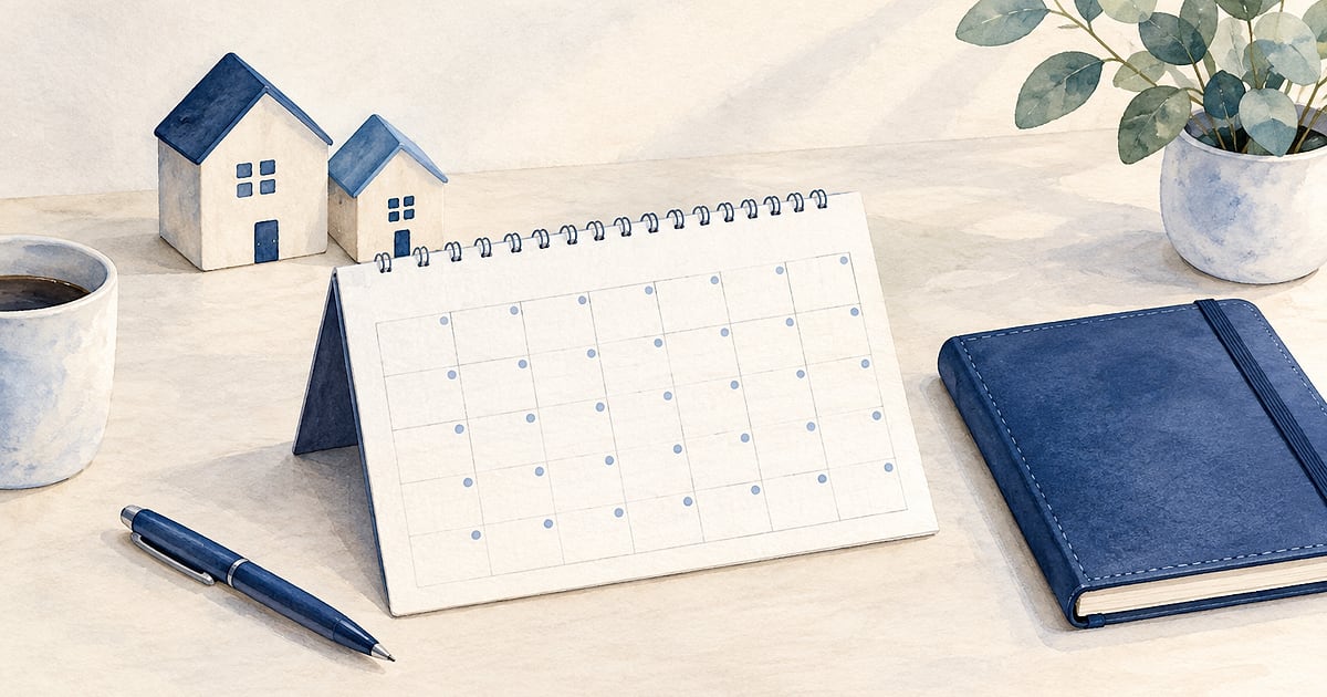 Cobalt/navy watercolor desk scene with a spiral tent calendar marked by soft cobalt dots, two small house-shaped blocks to the left and a navy planner to the right.